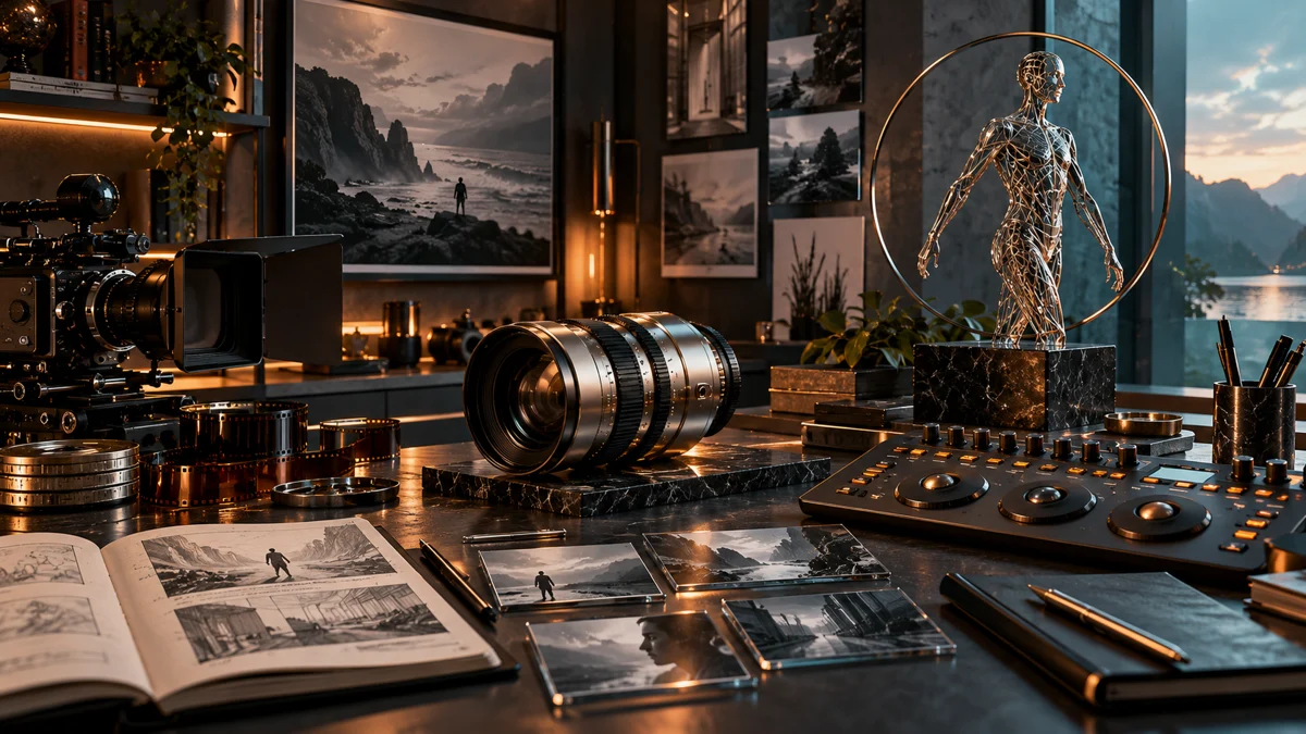 Concept artwork of a cinematic workbench with camera, storyboard and editing tools