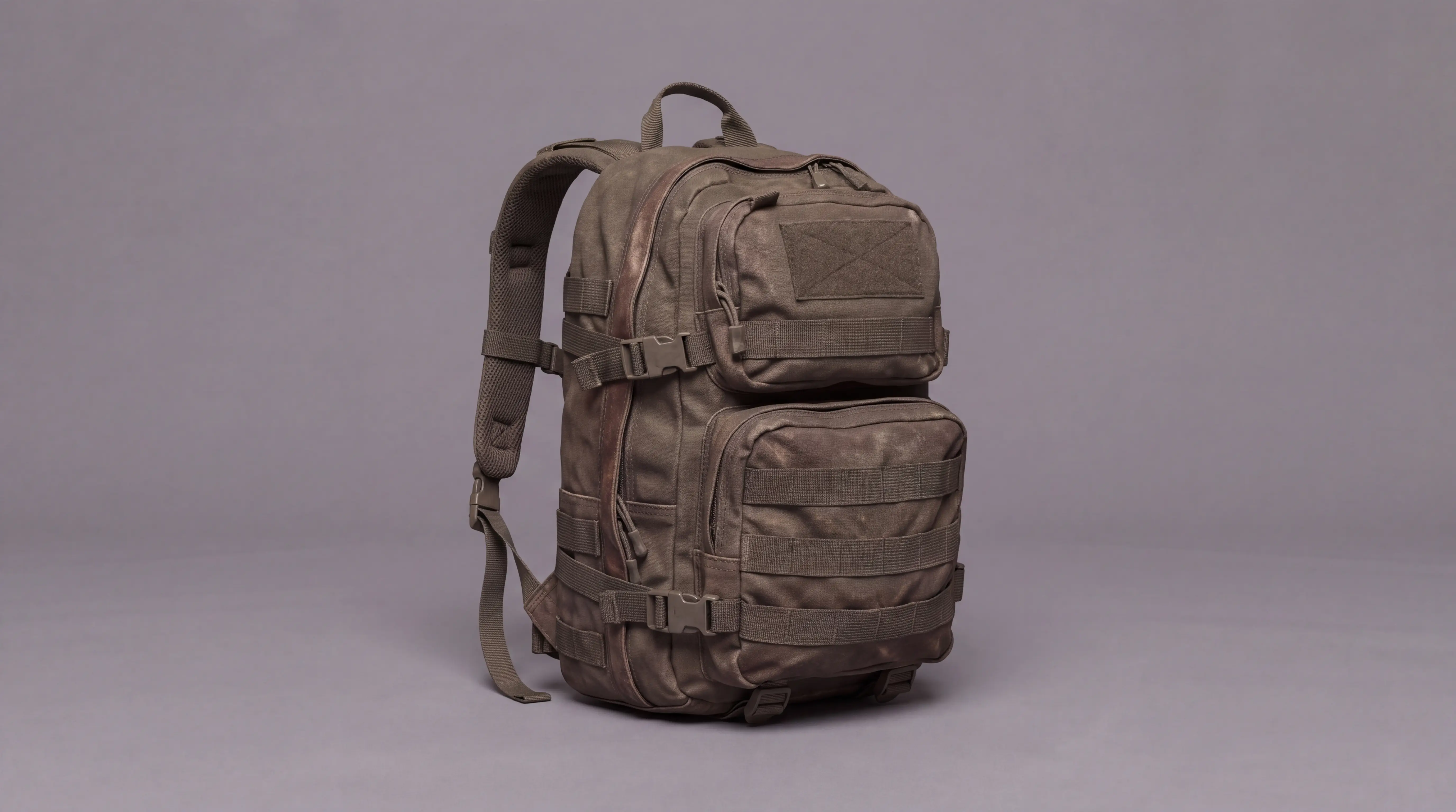 Isolated worn field backpack with canvas and leather details