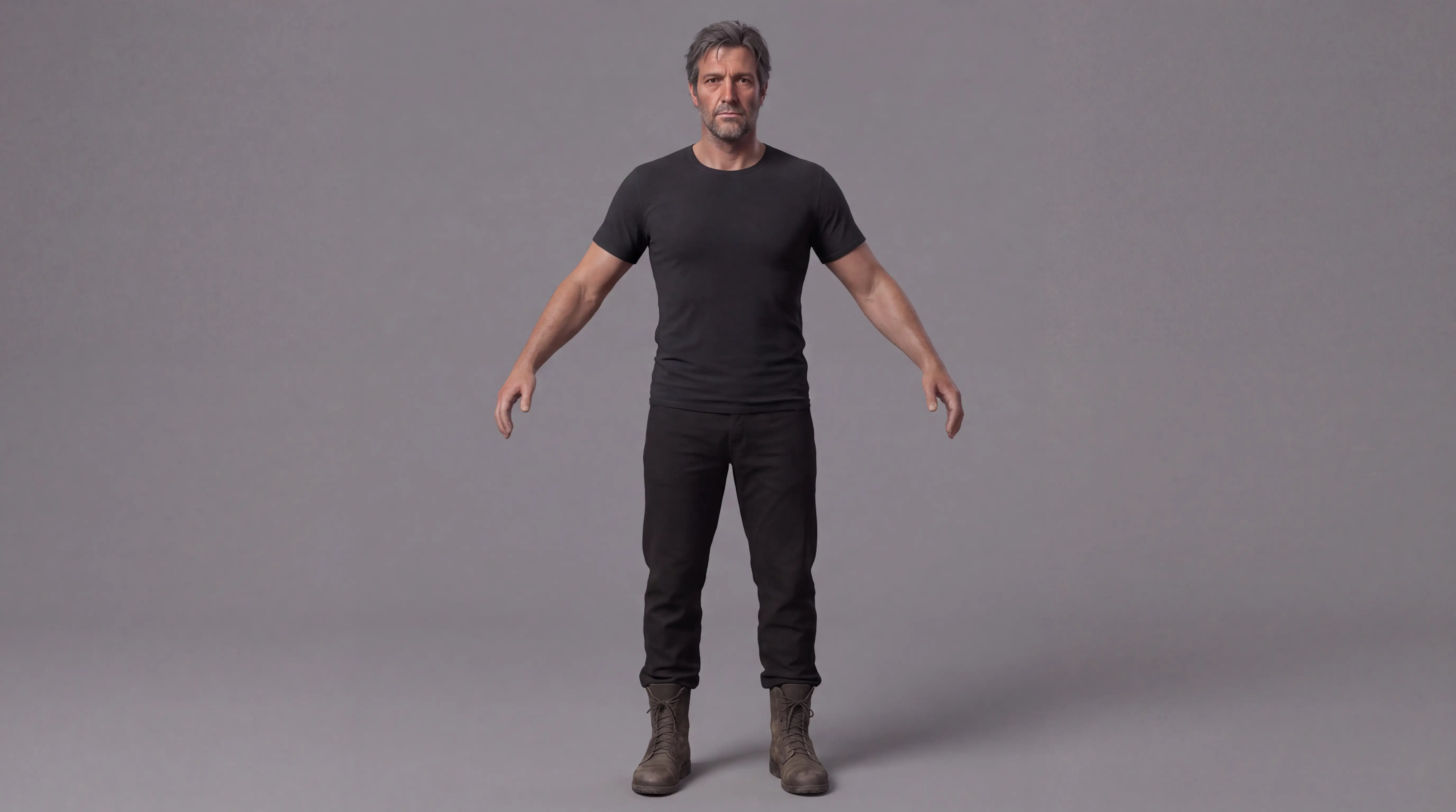 Hayden in black t-shirt, trousers and boots, with coat and backpack removed
