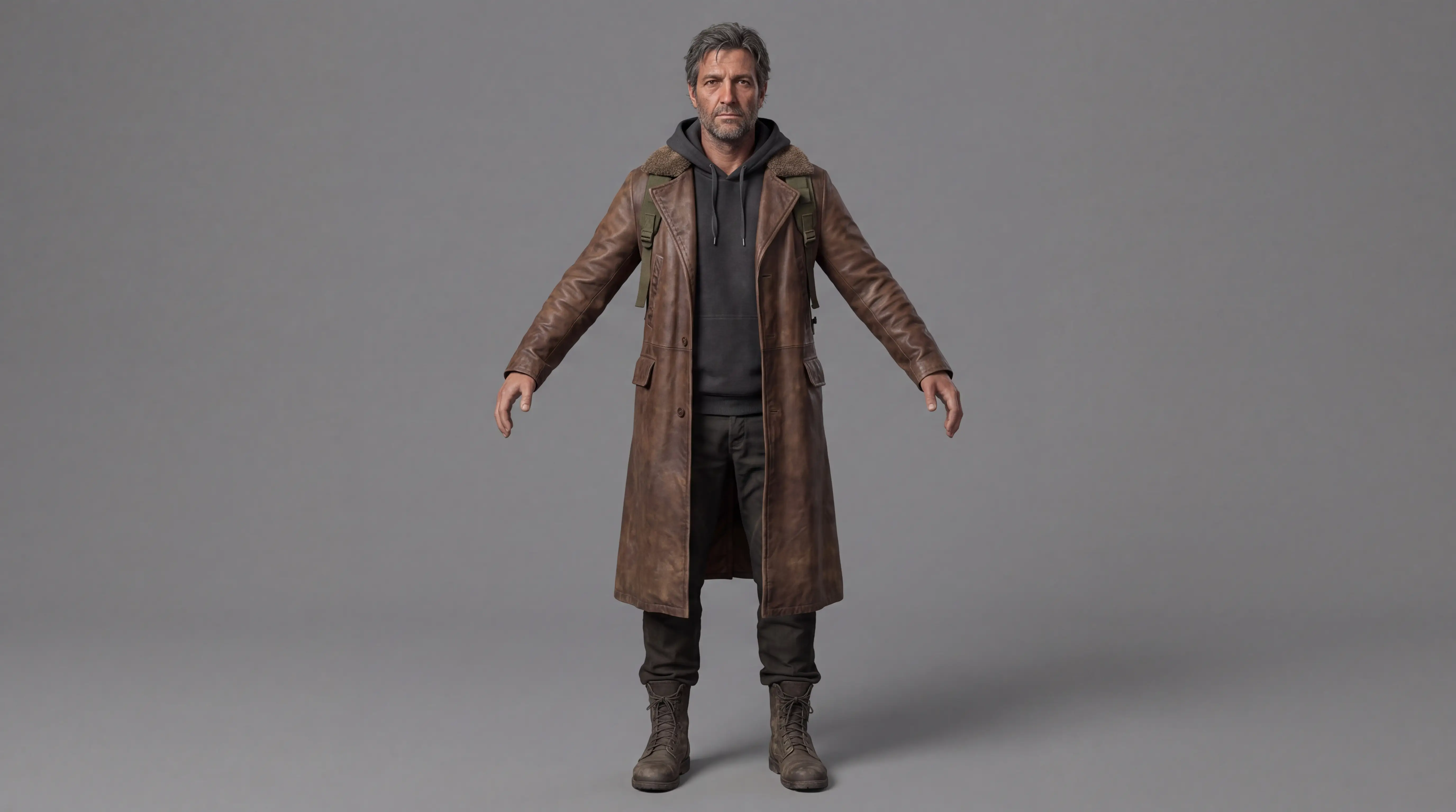 Hayden front-view reference wearing a weathered brown duster and dark hoodie