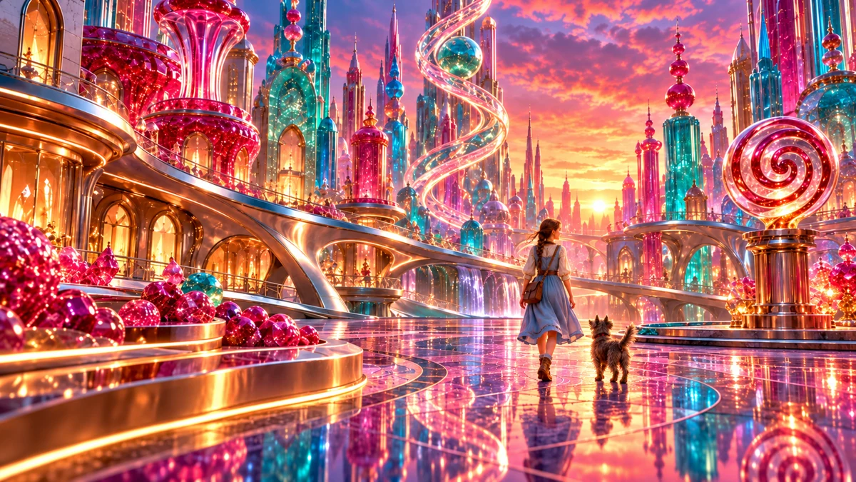 Original Lollipopville concept cover: an original storybook traveler and her small terrier exploring a luminous candy-glass city at sunset