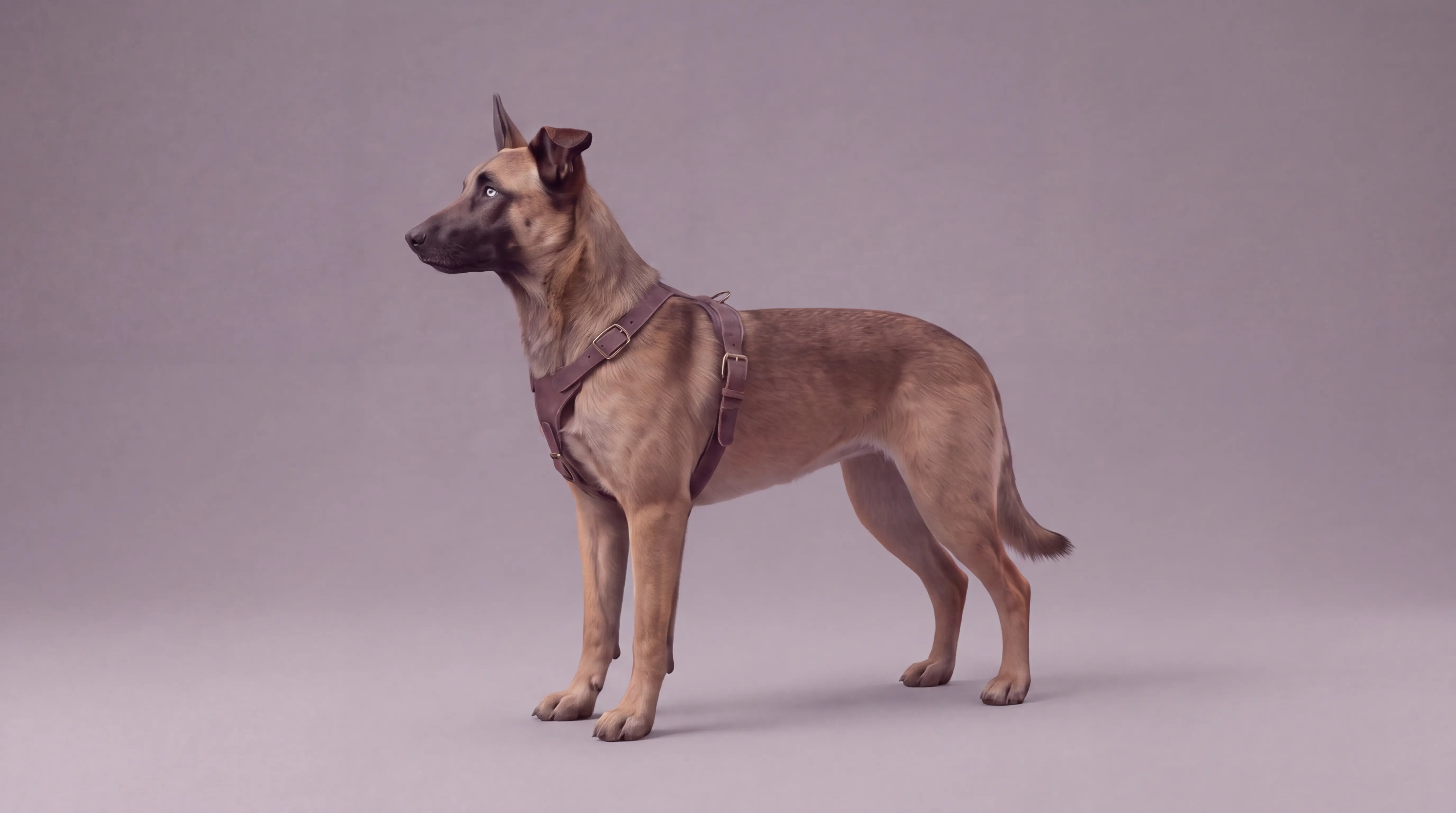October 6 Vega female Belgian Malinois side-profile reference with a leather harness