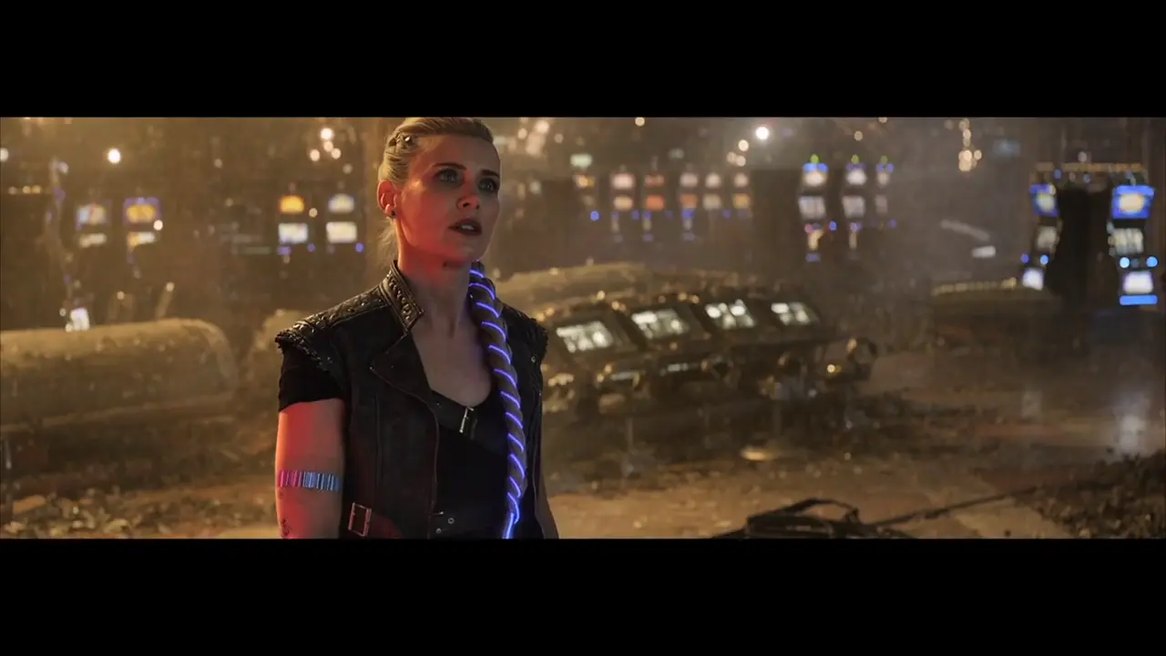 Blonde woman with a violet-lit braid in a ruined casino scene