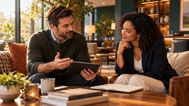 Generated concept artwork of two people reviewing a sales conversation